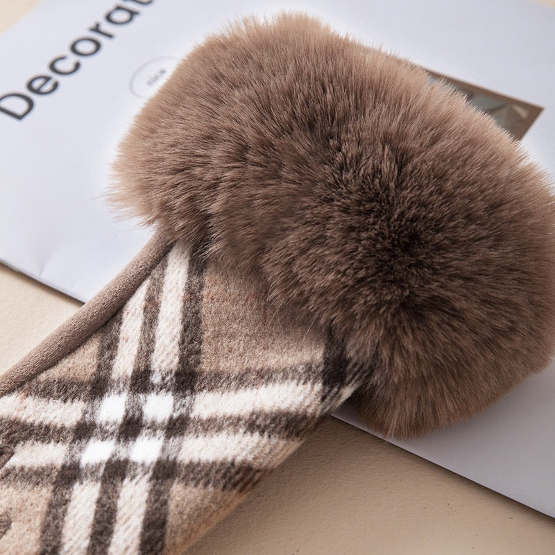 Black-Gray Plaid Fur-Cuff Fingerless Gloves