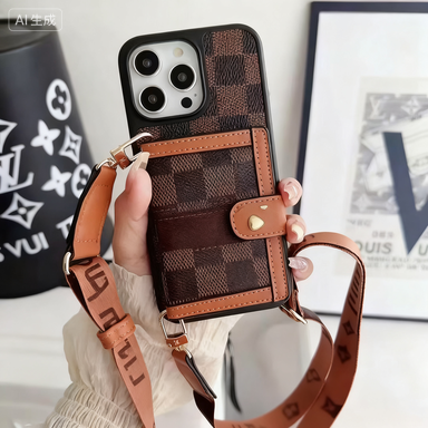 Classic Black Monogram Phone Case with Card Holder & Crossbody Strap for Apple iPhone Series