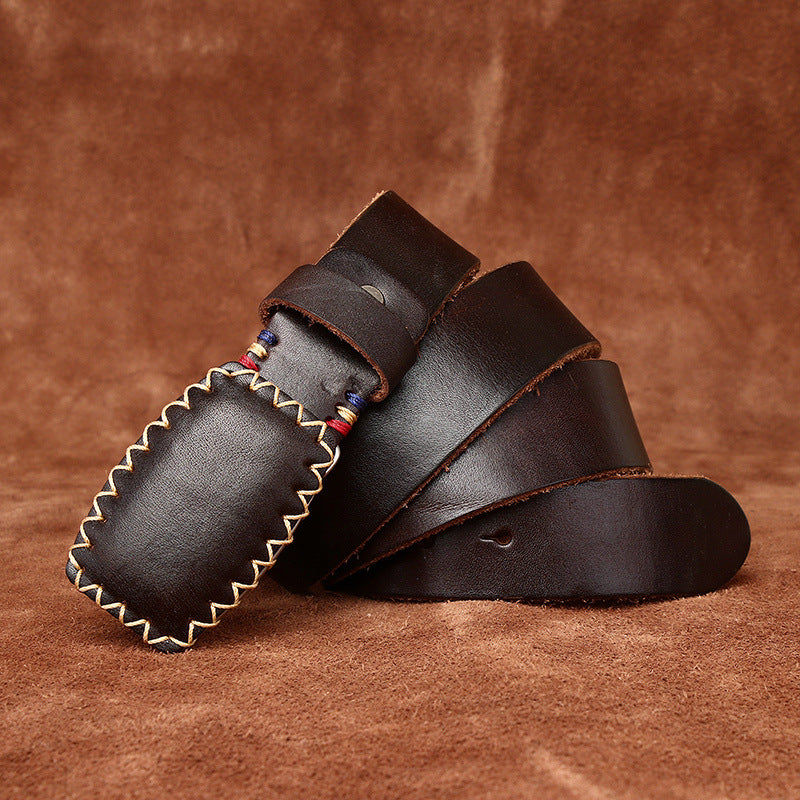 Hand-Stitched Vintage Men's Belt, Genuine Leather Retro Style Waist Strap