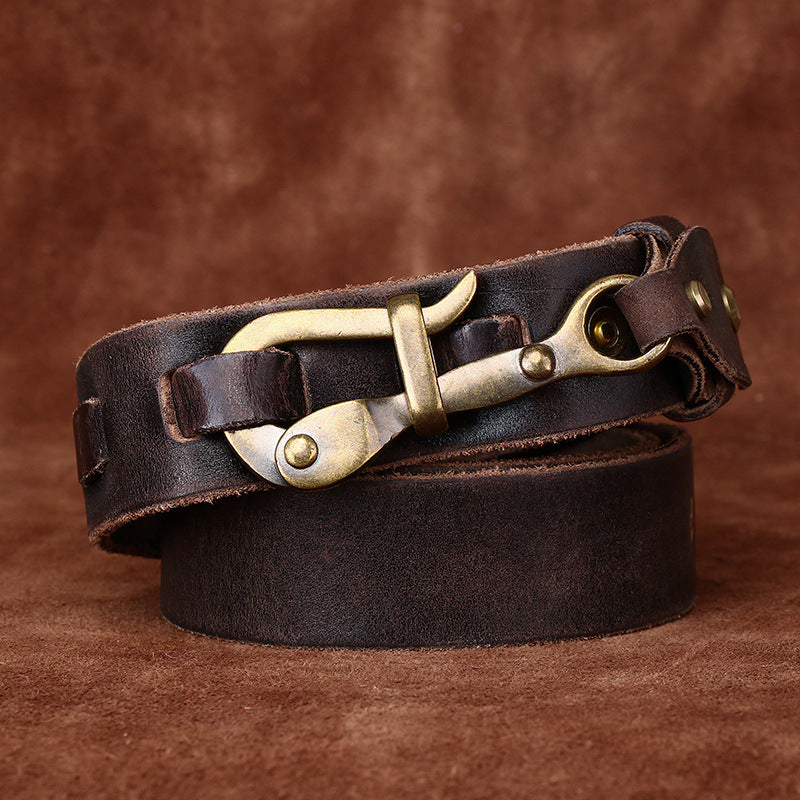 Handmade Retro Leather Men's Belt, American Workwear Style Brass Hook Buckle Distressed Belt