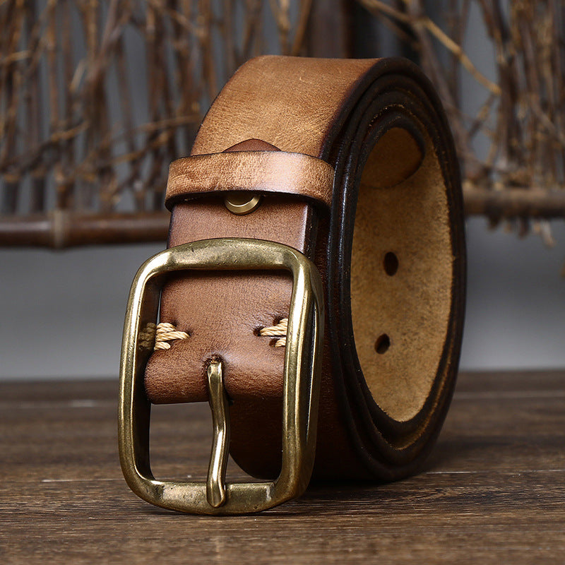 Vintage Distressed Men's Genuine Leather Belt, Classic Metal Buckle, Fully Show Retro Trendy Style