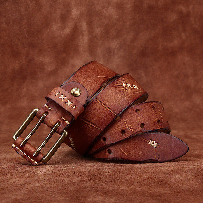 Vintage Distressed Men's Genuine Leather Belt, with Unique Stitching and Metal Buckle, Creating a Retro Trendy Style