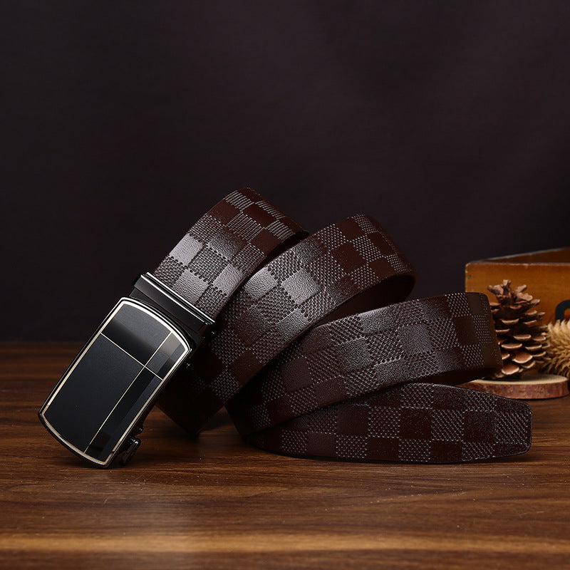 Men's Business Automatic Buckle Belt, Checkered Embossed Genuine Leather Belt, Light Luxury Metal Buckle Essential for Office Outfits