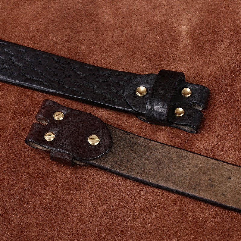Vintage Textured Leather Men's Belt, Bronze Rivets Retro Waist Strap