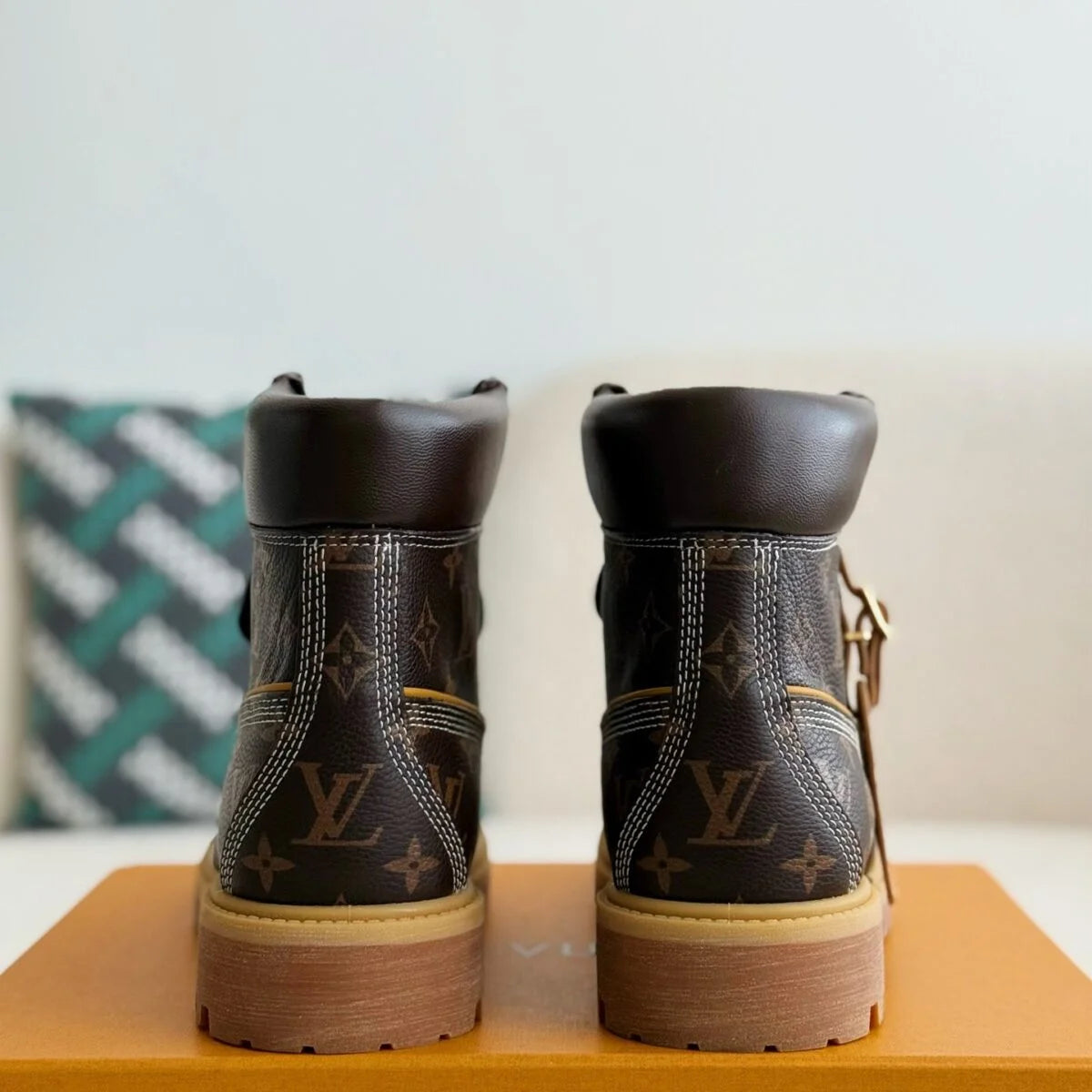 Brown Jacquard High-Top Work Boots