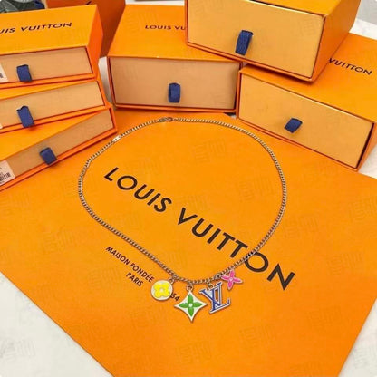 Colorful Enamel Classic Logo Pendant Necklace Fashion Neckpiece with Colorful Floral and Letter Elements