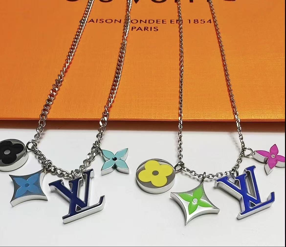 Colorful Enamel Classic Logo Pendant Necklace Fashion Neckpiece with Colorful Floral and Letter Elements