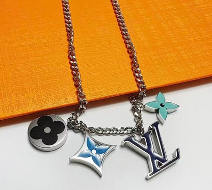 Colorful Enamel Classic Logo Pendant Necklace Fashion Neckpiece with Colorful Floral and Letter Elements
