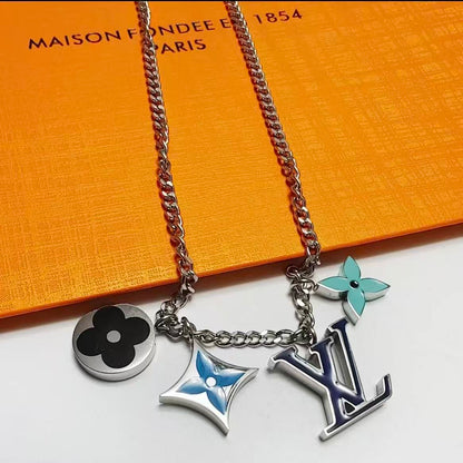 Colorful Enamel Classic Logo Pendant Necklace Fashion Neckpiece with Colorful Floral and Letter Elements