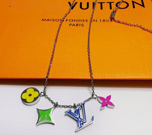 Colorful Enamel Classic Logo Pendant Necklace Fashion Neckpiece with Colorful Floral and Letter Elements