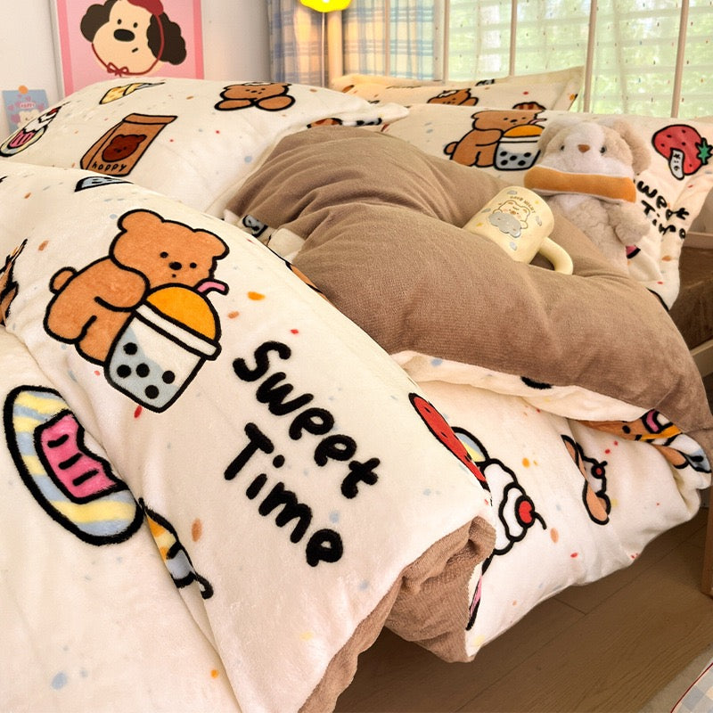 Pink Cartoon Bear Flannel Bedding Set