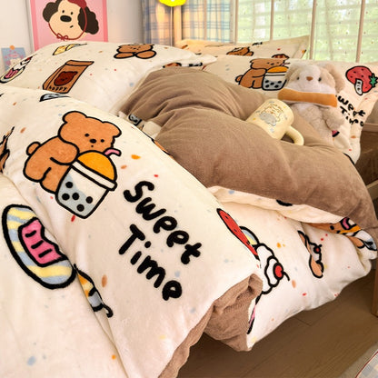 Pink Cartoon Bear Flannel Bedding Set