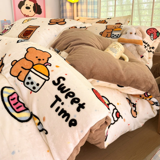 Pink Cartoon Bear Flannel Bedding Set