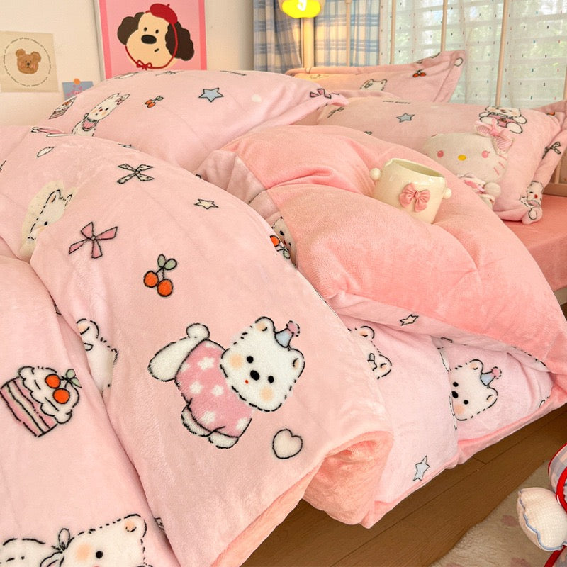 Pink Cartoon Bear Flannel Bedding Set