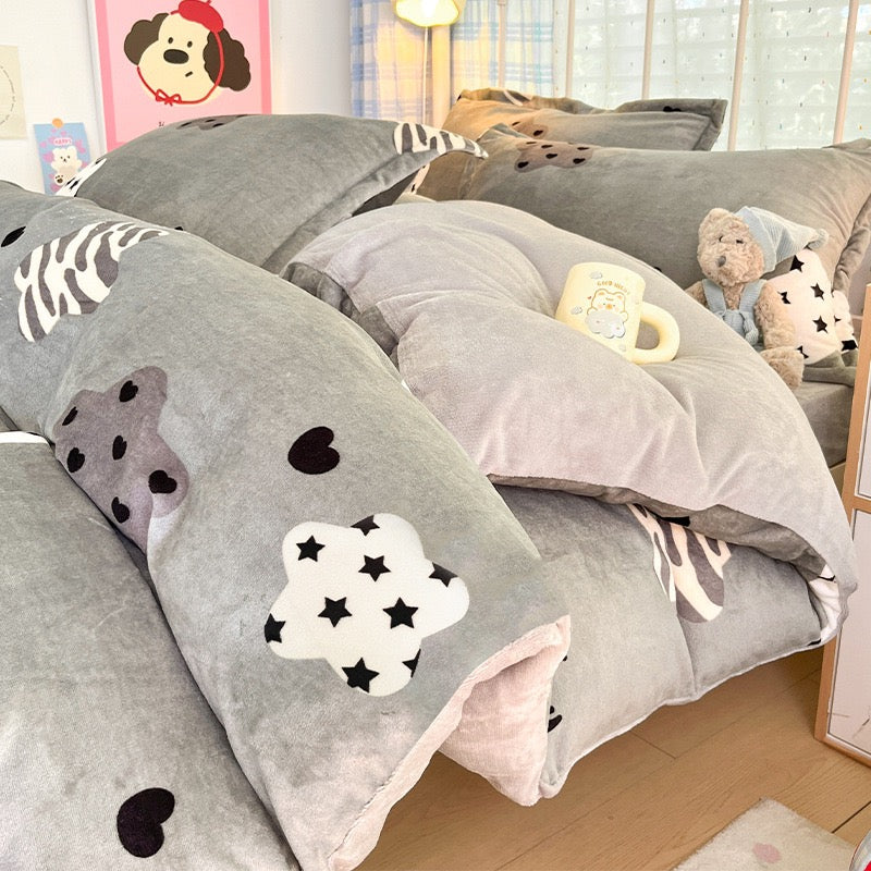 Pink Cartoon Bear Flannel Bedding Set