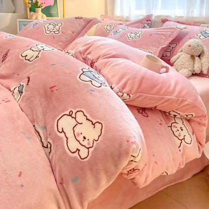 Pink Cartoon Bear Flannel Bedding Set
