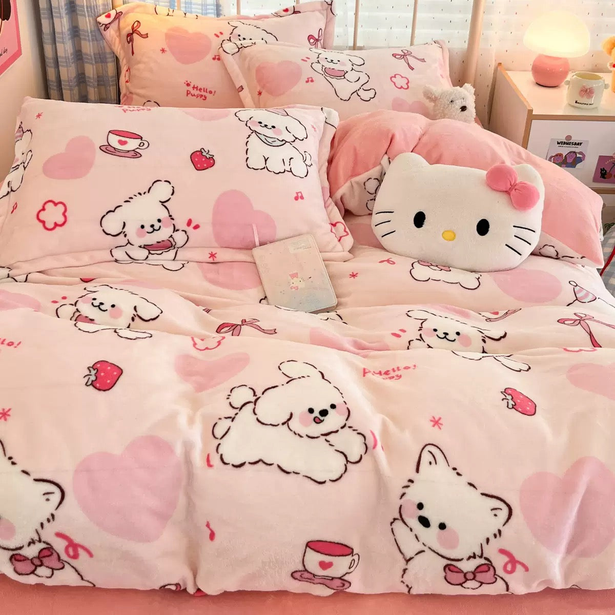 Pink Cartoon Bear Flannel Bedding Set