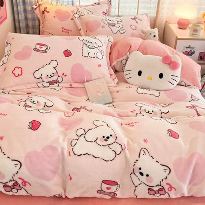 Pink Cartoon Bear Flannel Bedding Set