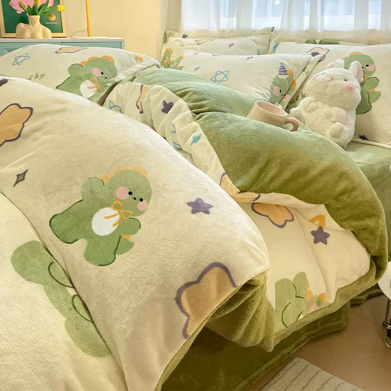 Pink Cartoon Bear Flannel Bedding Set