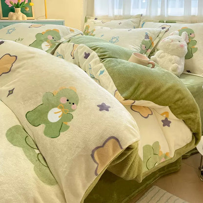 Pink Cartoon Bear Flannel Bedding Set