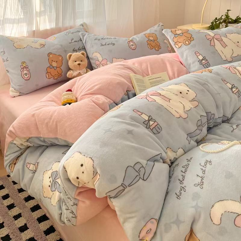 Teddy Bear Bow Light Blue Flannel Duvet Cover