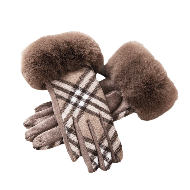 Black-Gray Plaid Fur-Cuff Fingerless Gloves