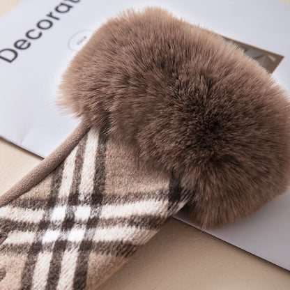 Black-Gray Plaid Fur-Cuff Fingerless Gloves