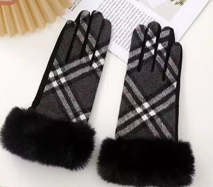 Black-Gray Plaid Fur-Cuff Fingerless Gloves
