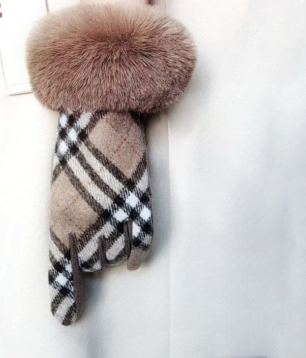 Black-Gray Plaid Fur-Cuff Fingerless Gloves