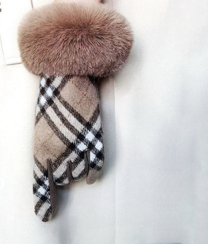 Black-Gray Plaid Fur-Cuff Fingerless Gloves