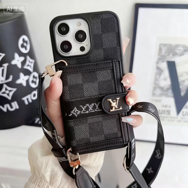 Classic Black Monogram Phone Case with Card Holder & Crossbody Strap for Apple iPhone Series