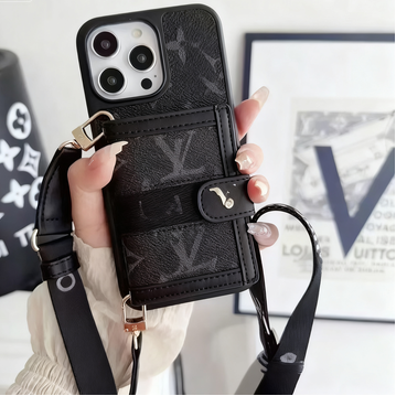 Classic Black Monogram Phone Case with Card Holder & Crossbody Strap for Apple iPhone Series