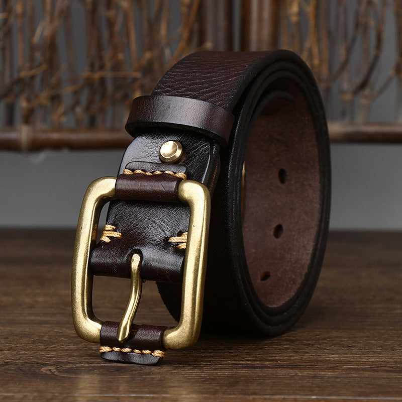 Vintage Distressed Men's Genuine Leather Belt, Classic Metal Buckle, Highlighting Retro Trendy Charm