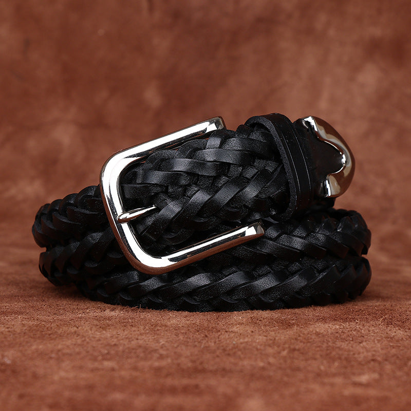 Men's Genuine Leather Belt with Woven Texture, Accented by Metal Buckle, Creating Casual Fashion Sense