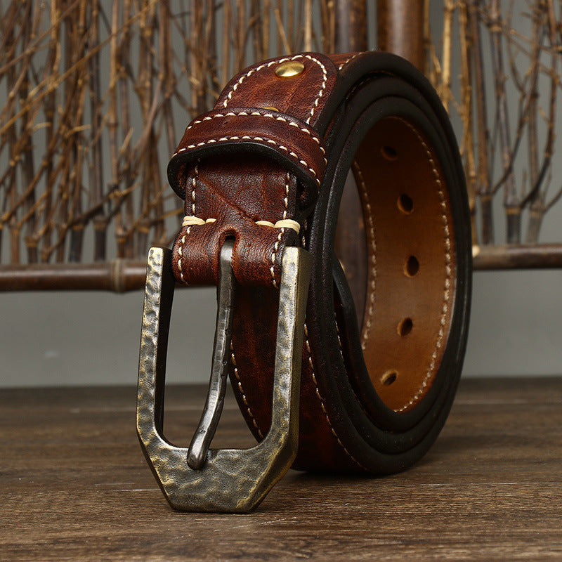 Retro Distressed Men's Genuine Leather Belt, Antique Copper Hammered Buckle with Contrast Stitching Workwear Belt