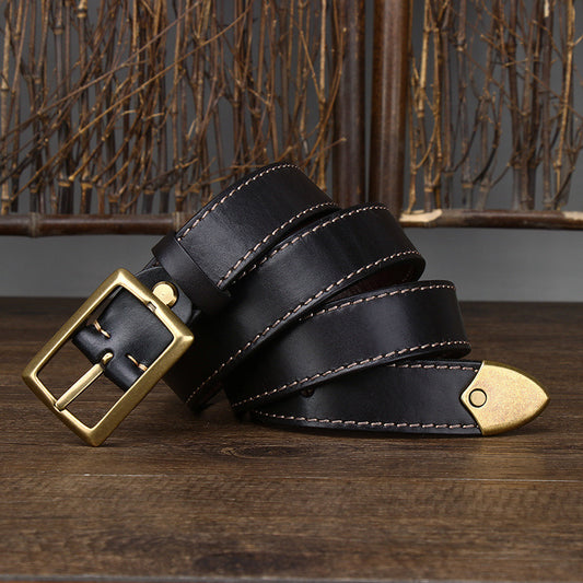Retro Distressed Men's Genuine Leather Belt, Antique Copper Square Buckle with Contrast Stitching for Workwear Style