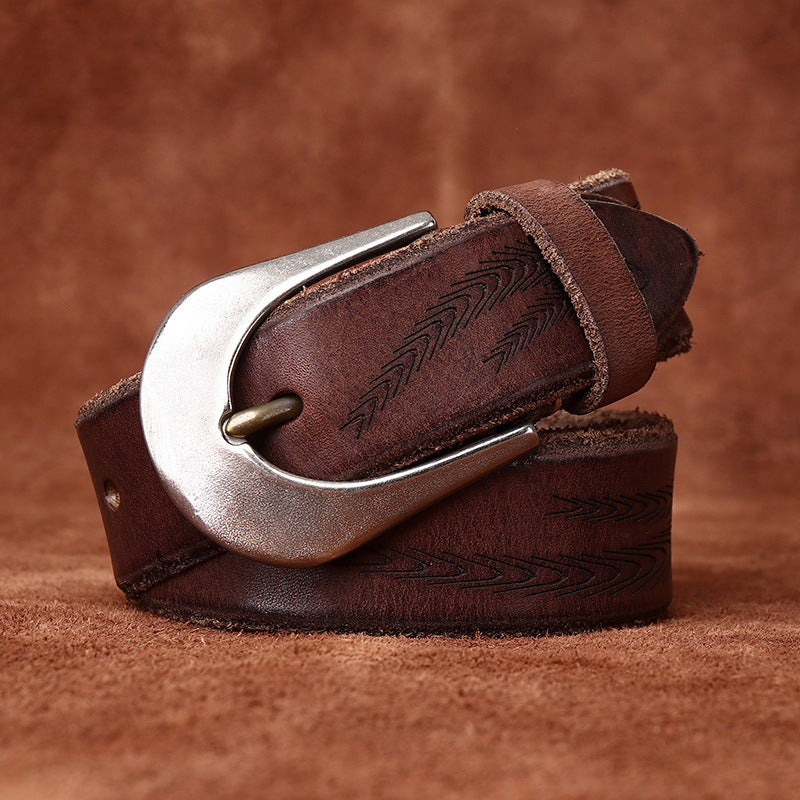 Retro Style Men's Cowhide Belt, Feather Embossed Metal Buckle Multi-Color Casual Waistband