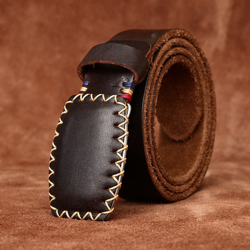 Hand-Stitched Vintage Men's Belt, Genuine Leather Retro Style Waist Strap