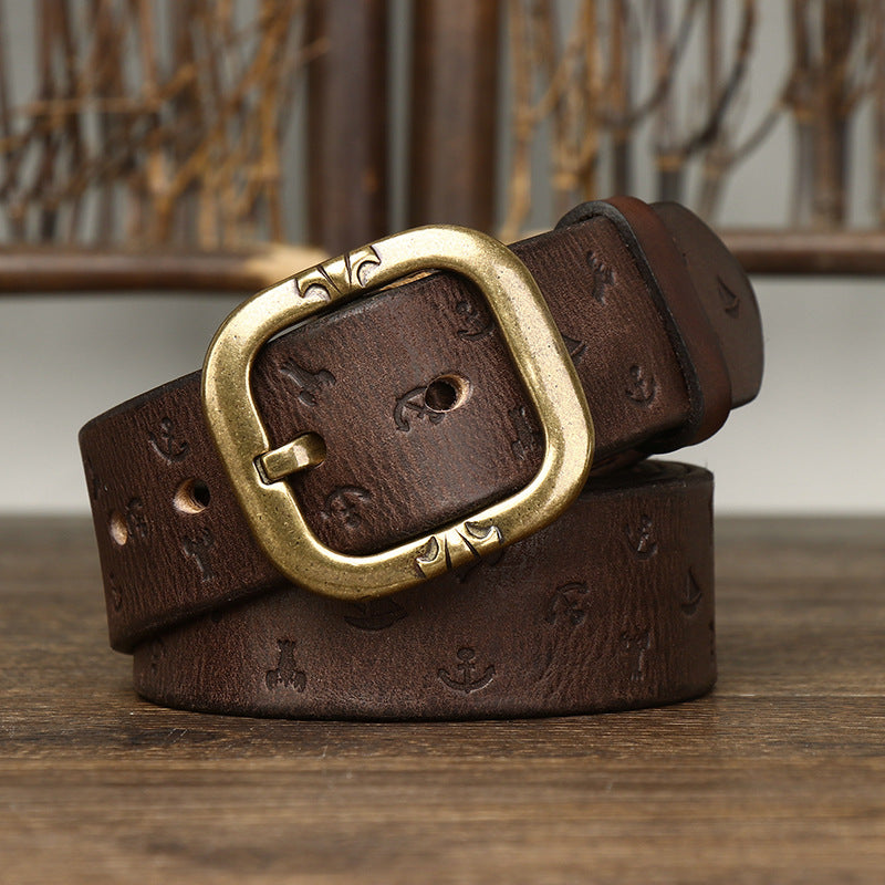 Men's Genuine Leather Belt with Bold Texture, Matte Metal Buckle Shapes a Stylish Silhouette