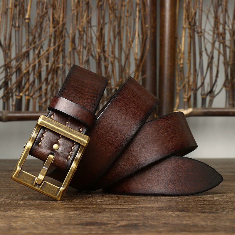 Tough Guy Style Men's Genuine Leather Belt, Bold Metal Buckle Interprets Uninhibited Charm