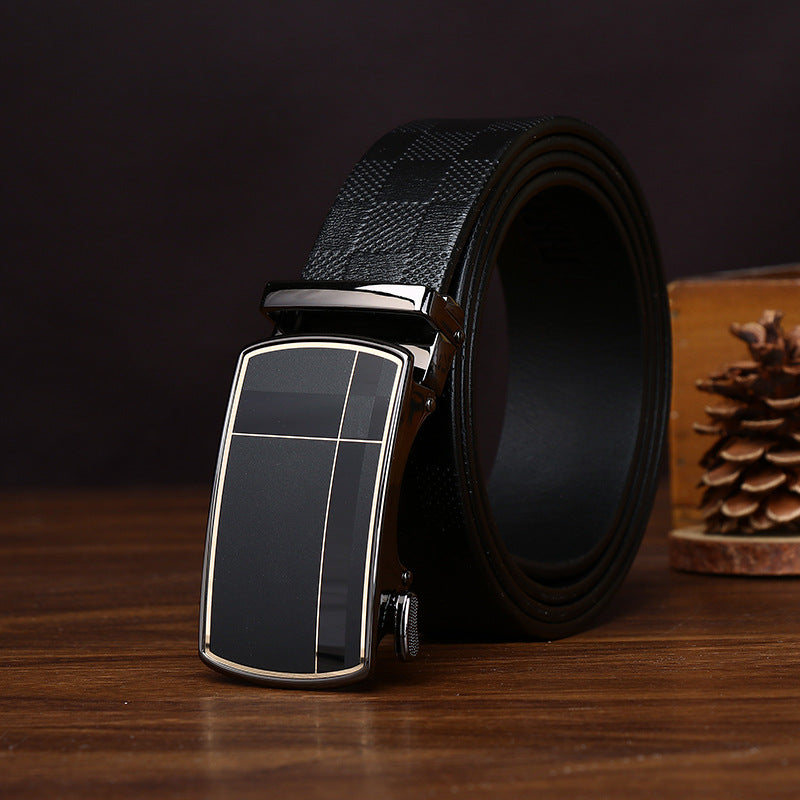 Men's Business Automatic Buckle Belt, Checkered Embossed Genuine Leather Belt, Light Luxury Metal Buckle Essential for Office Outfits