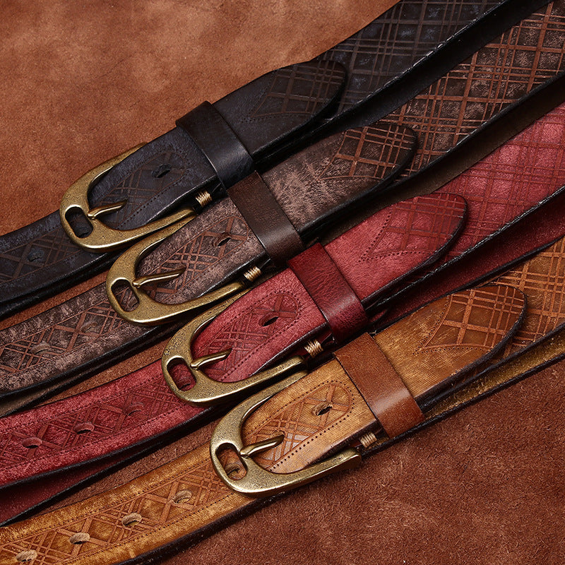 Retro Style Men's Cowhide Belt, Plaid Embossed Antique Copper Buckle Multi-Color Casual Waistband
