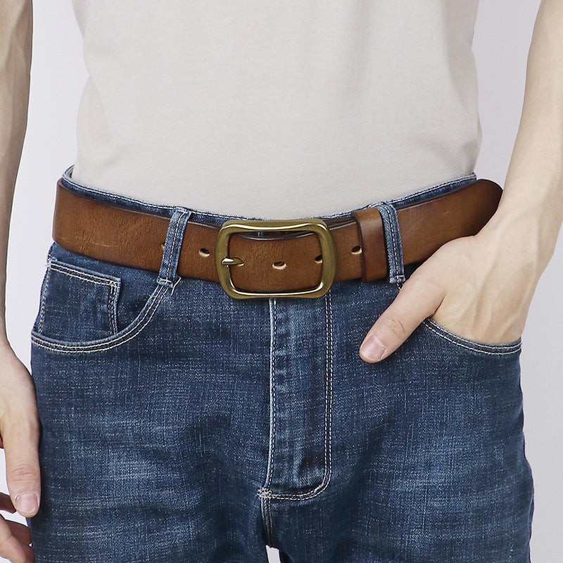 Vintage Distressed Men's Genuine Leather Belt, Classic Metal Buckle, Create Retro Trendy Style