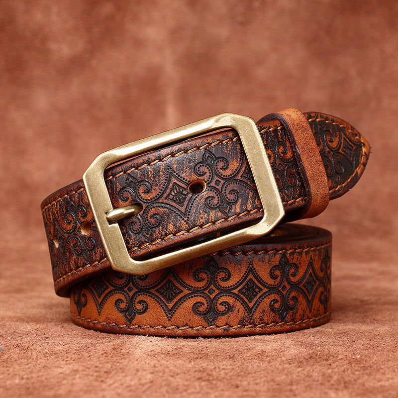 Retro Engraved Men's Genuine Leather Belt, Copper Square Buckle Vintage Craft Personality Belt