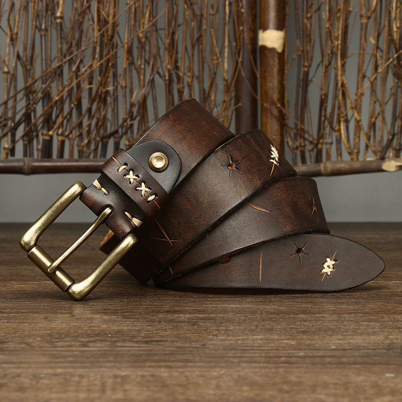 Vintage Distressed Men's Belt with Hand - Stitching