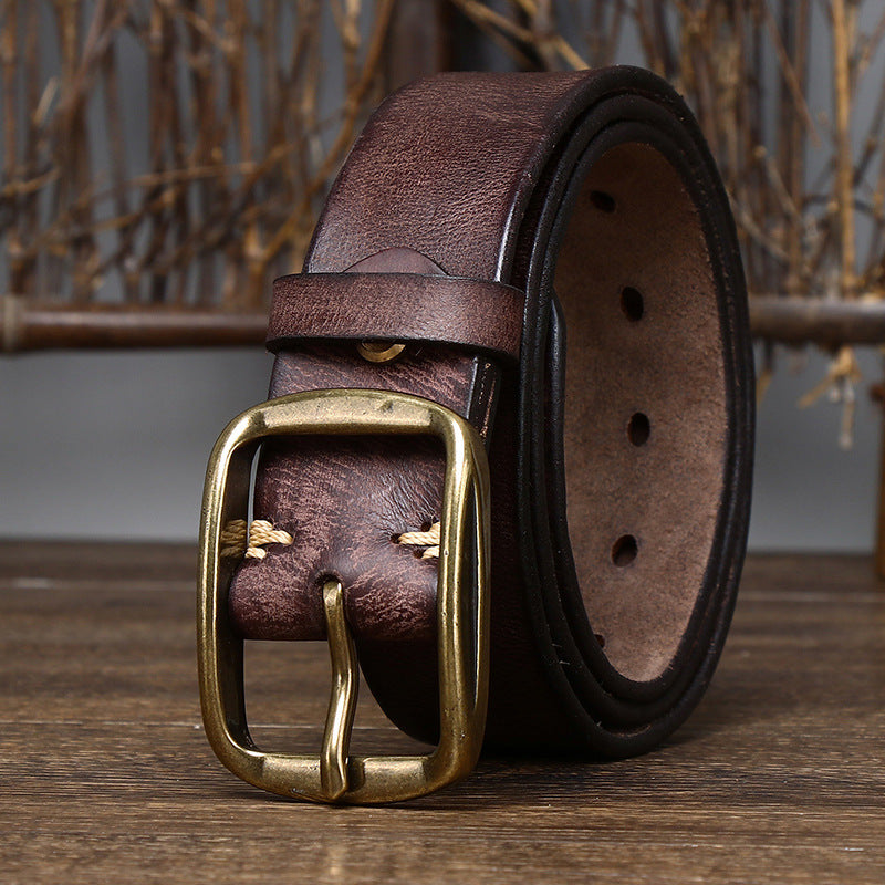 Vintage Distressed Men's Genuine Leather Belt, Classic Metal Buckle, Fully Show Retro Trendy Style