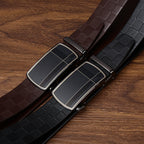 Men's Business Automatic Buckle Belt, Checkered Embossed Genuine Leather Belt, Light Luxury Metal Buckle Essential for Office Outfits