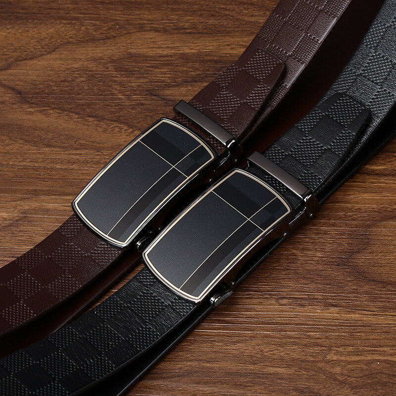 Men's Business Automatic Buckle Belt, Checkered Embossed Genuine Leather Belt, Light Luxury Metal Buckle Essential for Office Outfits
