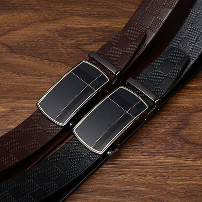 Men's Business Automatic Buckle Belt, Checkered Embossed Genuine Leather Belt, Light Luxury Metal Buckle Essential for Office Outfits