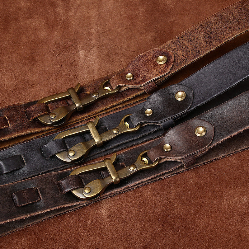 Handmade Retro Leather Men's Belt, American Workwear Style Brass Hook Buckle Distressed Belt